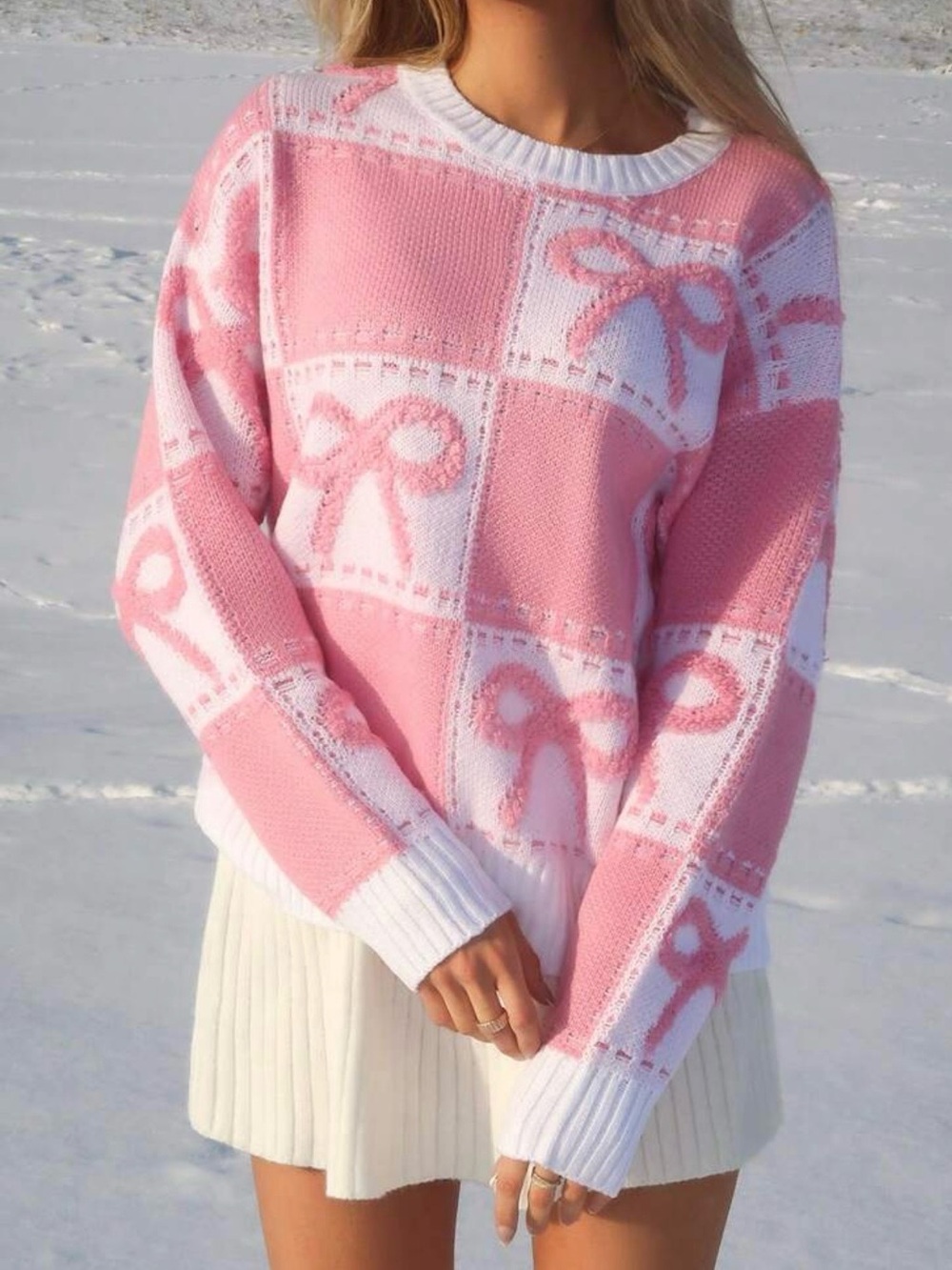SHEIN Pink and White Bow-Check Crewneck Sweater